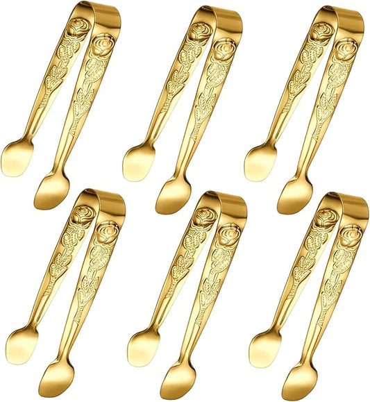 6PCS Mini Serving Tongs, 4Inch Rose Stainless Steel Sugar Cube Tong, Sliver Small Ice Tongs for Tea and Coffee Party, Appetizers, Desserts by Sunenlyst (6PCS Gold) by Sunenlyst