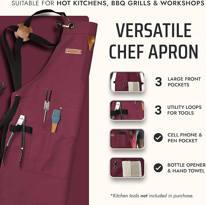 Asaya Chef and BBQ Apron with Bottle Opener and Hand Towel - 10oz Cotton Canvas, Stainless Steel Hardware - Cross Back Straps - Image 2