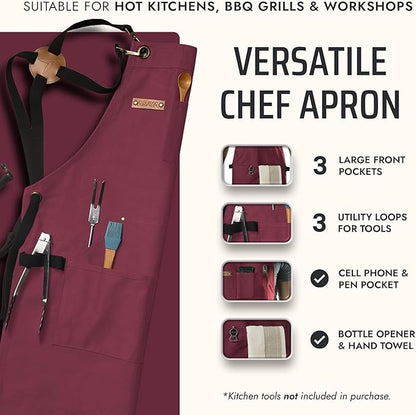 Asaya Chef and BBQ Apron with Bottle Opener and Hand Towel - 10oz Cotton Canvas, Stainless Steel Hardware - Cross Back Straps - Image 2