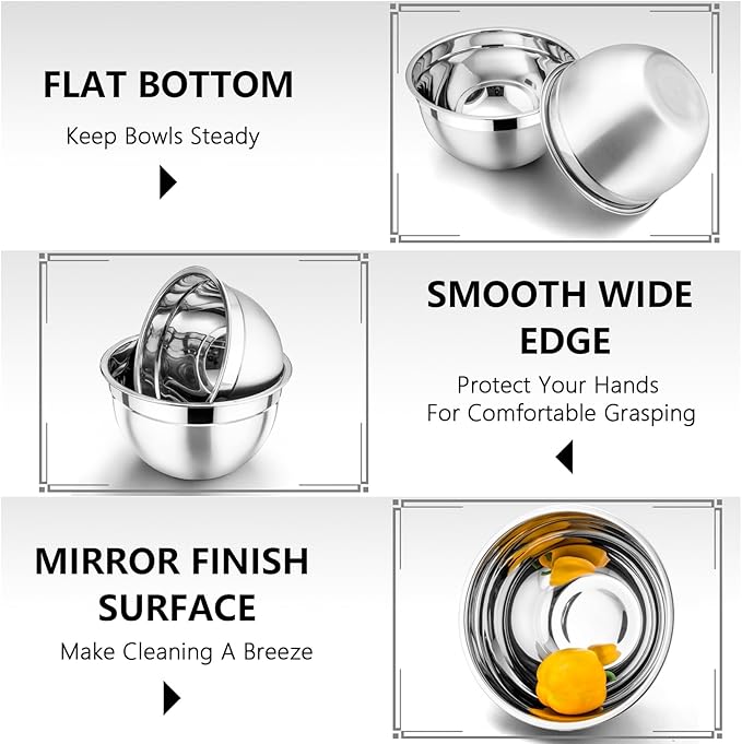 P&P CHEF Red Mixing Bowls with Lids, Set of 3, Stainless Steel Salad Nesting Bowl for Mixing, Storing, Prepping, Airtight & Stackable, Size 4.6/3 /1.5 QT - Image 3