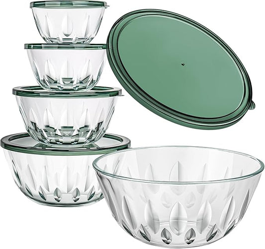 WhiteRhino Glass Bowls with Lids Set of 5（4.68QT,2.89QT,1.66QT,0.83QT,0.53QT）,Glass Mxing Bowls with Lids,Large Salad Bowls Space-Saving Nesting for Cooking,Baking,Prepping,Dishwasher Safe by WhiteRhino