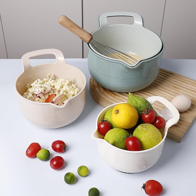 Mixing Bowls - 4 Piece Nesting Plastic Mixing Bowl Set with Pour Spouts and Handles - Non Slip Bottom and Measurement Markings (Light Green) - Image 6