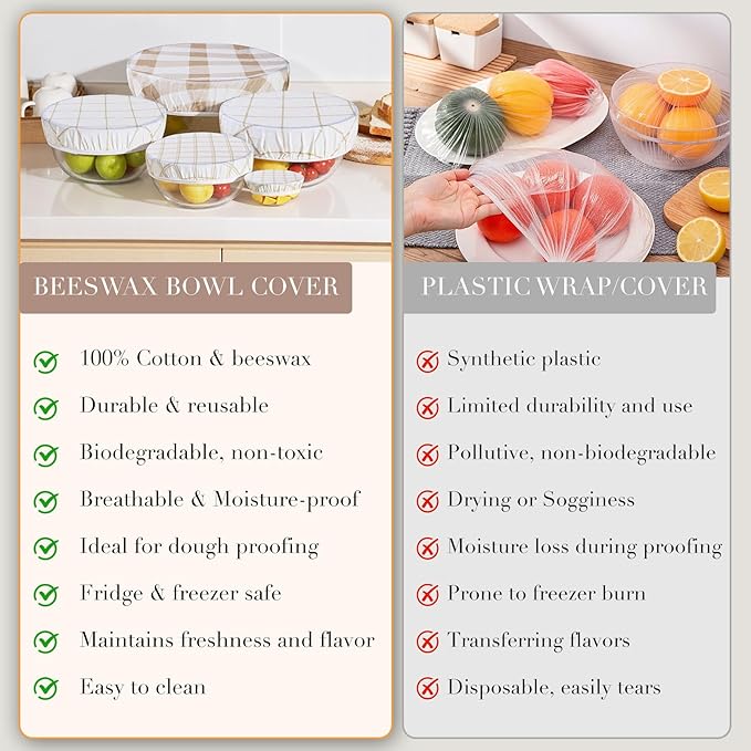 Tirphy 5-Size Reusable Bowl Covers for Bread Proofing - Beeswax Bowl Covers Reusable 4/6/8/10/12 Inch - Elastic Cotton Cloth Sourdough Cover - Shower Caps for Sourdough Bread (Simple style)