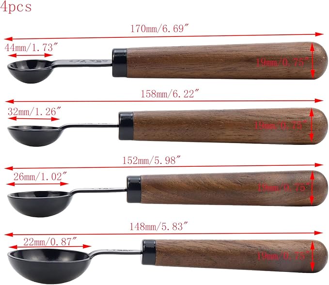 Set of 4 Measuring Spoons Black Measuring Scoops with Wooden Handle Stainless Steel Measuring Spoons Set for Kitchen Flour Spice Seasoning Measurement (15ml+5ml+2.5ml+1.25ml) - Image 3