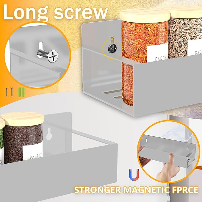SMRCAD Magnetic Spice Rack Organizer for Fridge Seasoning Organizer for Kitchen storage with Screw Magnetic Shelf with Hook for Refrigerator and Oven (6pack-Grey) - Image 2