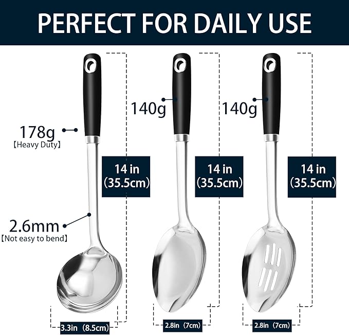 14-in Cooking Spoons Set, Heavy Duty 18/0 Stainless Steel Large Serving Spoons Set, Slotted Spoon, Cooking Spoon & Soup Ladle, Commercial and Residential Use, Pack of 3 - Image 3