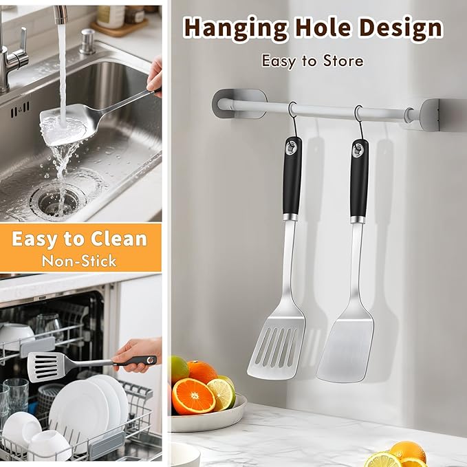Stainless Steel Spatula, Metal Spatula Slotted Turner, Heavy Duty Sturdy Spatulas for Kitchen Use, High Heat Resistant Cooking Utensils for Fish Eggs Pancakes, Dishwasher Safe, Easy to Clean, Silver - Image 5
