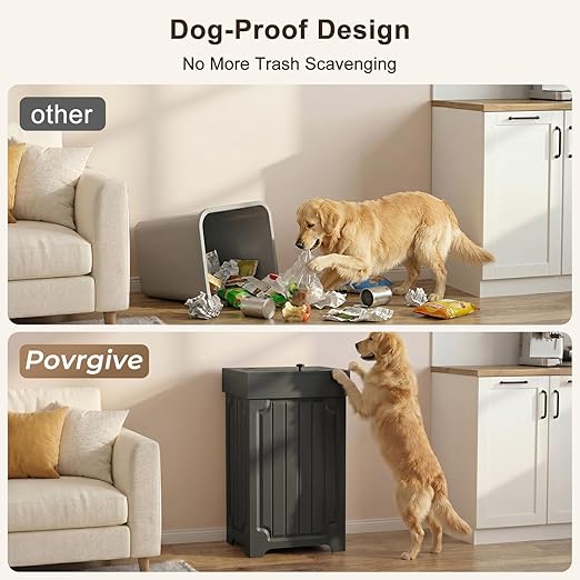 Povrgive Wood Trash Can Cabinet, 13 Gallon Hidden Kitchen Garbage Can with Lid, Farmhouse Dog Proof Trash Can, Metal Ring Included, 16" L x 13" W x 26.5" H, Black - Image 3