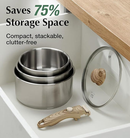 KOCH SYSTEME CS Stainless Steel Saucepan Set 1.5QT & 2QT & 3QT, Stainless Steel Pot with Removable Handle, 6pcs Sauce Pan Set with Tri-Ply Steel Base, Induction Compatible Pots, Dishwasher & Oven Safe