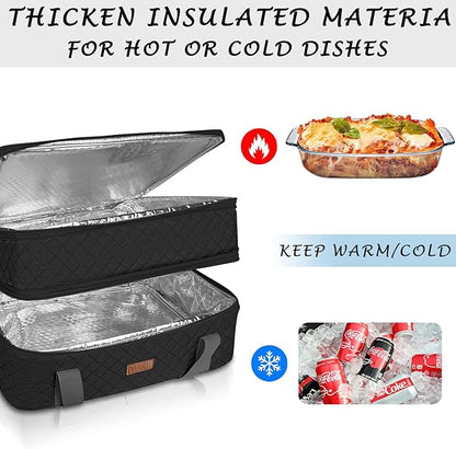 Quilted Double Decker Casserole Carrier - Expandable Dish Carrying Case for Hot or Cold Food, Lasagna Holder for Potluck Parties, Picnic, Beach, Fits 9"×13" Baking Dish (Black)