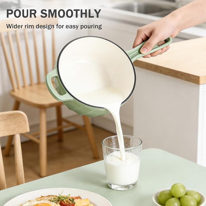 Enameled Cast Iron Sauce Pan With Lid, 1 Quart Cast Iron Saucepan with Lid, Heavy Duty Small Dutch Oven Pot for Cooking Pasta Sauce, Soup, Milk, Oven Safe up to 500°F (Fig Green)