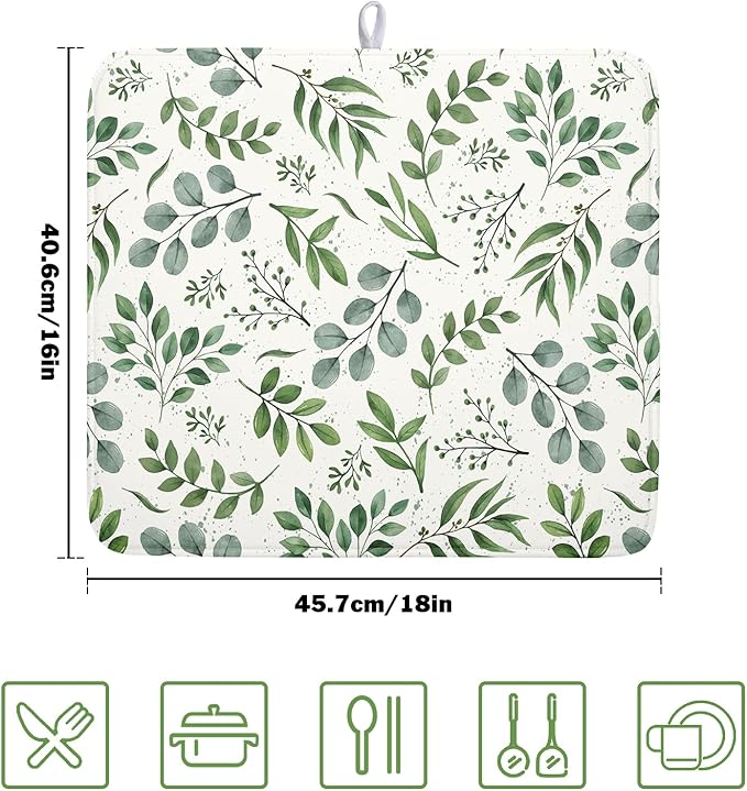 Kawani Sage Green Dish Drying Mat 16x18 In Absorbent Reversible Eucalyptus Leaves Plant Drying Mat Green Plant Dish Drying Rack Mat Spring Summer Themed Dish Drainer Mat for Kitchen Counter Coffee Bar