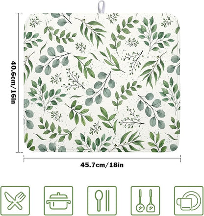 Kawani Sage Green Dish Drying Mat 16x18 In Absorbent Reversible Eucalyptus Leaves Plant Drying Mat Green Plant Dish Drying Rack Mat Spring Summer Themed Dish Drainer Mat for Kitchen Counter Coffee Bar