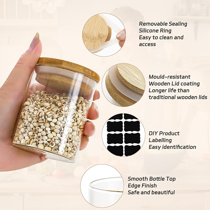 12 Packs Round Spice Jars with Label, 8oz Stackable Airtight Food Storage Containers, Practical Small Glass Jars to Go for Cookie, Coffee, Yogurt, Overnight Oats, Sugar, qtip, cotton balls and Candle - Image 3