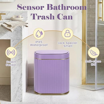 ELPHECO Bathroom Sensor Trash Can - 2 Gallon Automatic Garbage Can, IPX5 Waterproof Bathroom Trash Bin, Slim Garbage Can for Bathroom, Office, Bedroom, Living Room, Purple