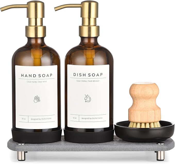 [Luxury] Kitchen Soap Dispenser Set - 16OZ Amber Glass Bottle, Stainless Steel Pump, Instant Dry Tray, Waterproof Labels, Non-Slip Silicone Pad, and Dish Brush | Upgrade for Your Kitchen and Bathroom by ORCHID+HOME