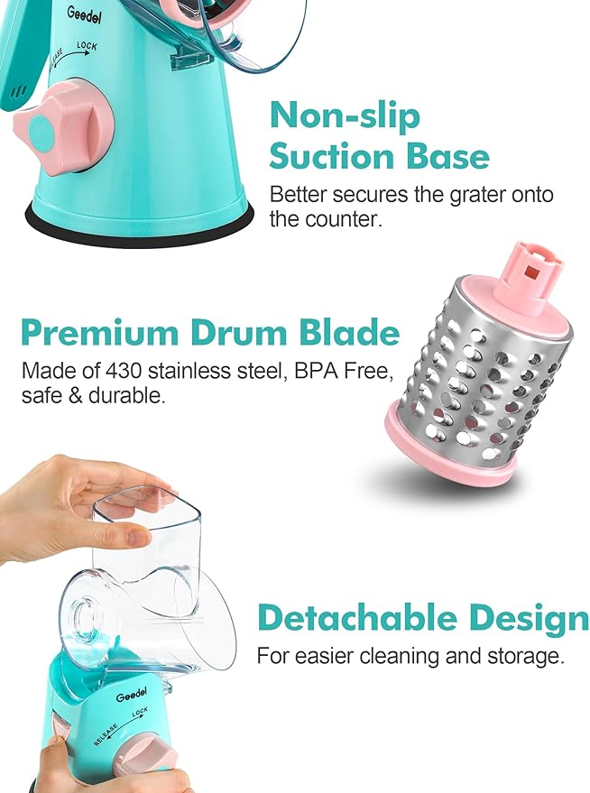 Geedel Rotary Cheese Grater, Kitchen Mandoline Vegetable Slicer with 3 Interchangeable Blades, Easy to Clean Rotary Grater Slicer for Fruit, Vegetables, Nuts - Image 6