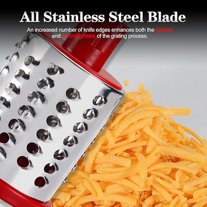 Ourokhome Rotary Cheese Grater Hand Crank, Kitchen Shredder Speed Mandolin Slicer Nuts Grinder with Handle and Drum Blades for Cheese, Vegetable, Chocolate, Potato, Carrot, 3 Blades, White Red - Image 2