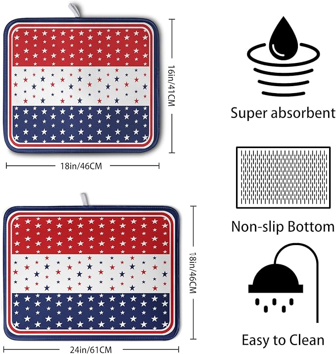 4th of July Dish Drying Mat for Kitchen Counter Patriotic Red White Blue Stars Drying Pad Microfiber Absorbent Dish Draining Mat Microfiber Independence Day Dish Drainer Rack Mats 18x24 Inch - Image 2