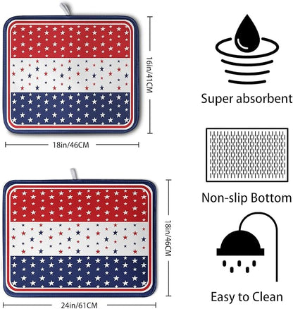 4th of July Dish Drying Mat for Kitchen Counter Patriotic Red White Blue Stars Drying Pad Microfiber Absorbent Dish Draining Mat Microfiber Independence Day Dish Drainer Rack Mats 18x24 Inch - Image 2
