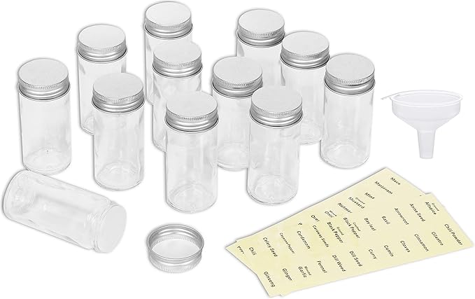 Simple Houseware 12-Pack 3 oz Glass Spice Jars, Round Bottles with Shaker Lids, Funnel and Labels for Seasoning & Storage - Image 3