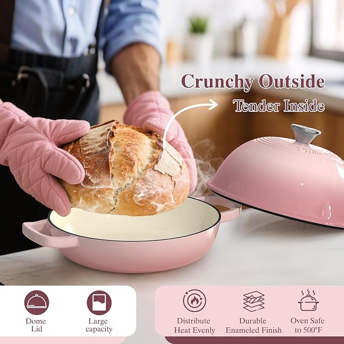 Cast Iron Dutch Oven Pot with Lid, Round Bread Oven for Sourdough Bread Baking, Umite Chef Enameled Cast Iron Bread Oven with Dome Lid & Cotton Potholders for Sourdough, Pink, 6 Quarts - Image 6
