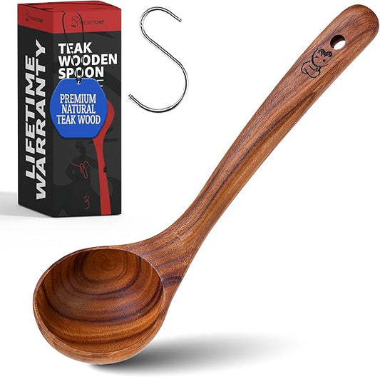 PriorityChef Premium Wooden Ladle for Soup - Handcrafted Teak Wooden Soup Spoon with Long Handle for Cooking and Serving - Deep Wood Ladel for Kitchen Use - Nonstick Safe Wood Ladle