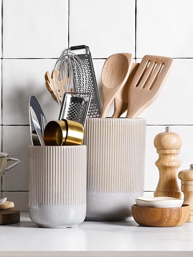 LE TAUCI Utensil Holder for Kitchen Counter, 7.3"+5.4" Fluted Ceramic Utensil Crock Organizer for Countertop, Heavy Large Holder for Spatulas, Spoons, Set of 2, Gray Marble - Image 3