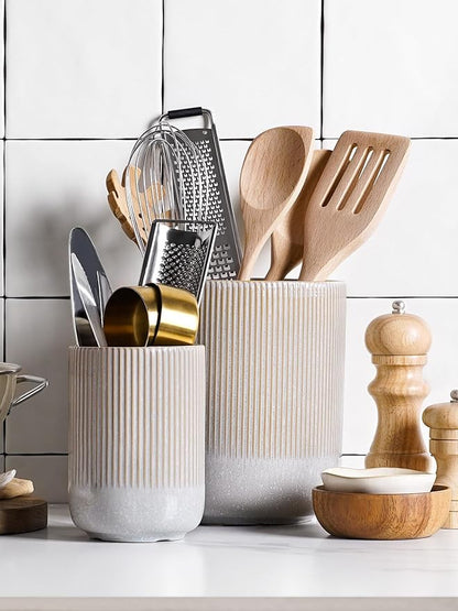 LE TAUCI Utensil Holder for Kitchen Counter, 7.3"+5.4" Fluted Ceramic Utensil Crock Organizer for Countertop, Heavy Large Holder for Spatulas, Spoons, Set of 2, Gray Marble - Image 3