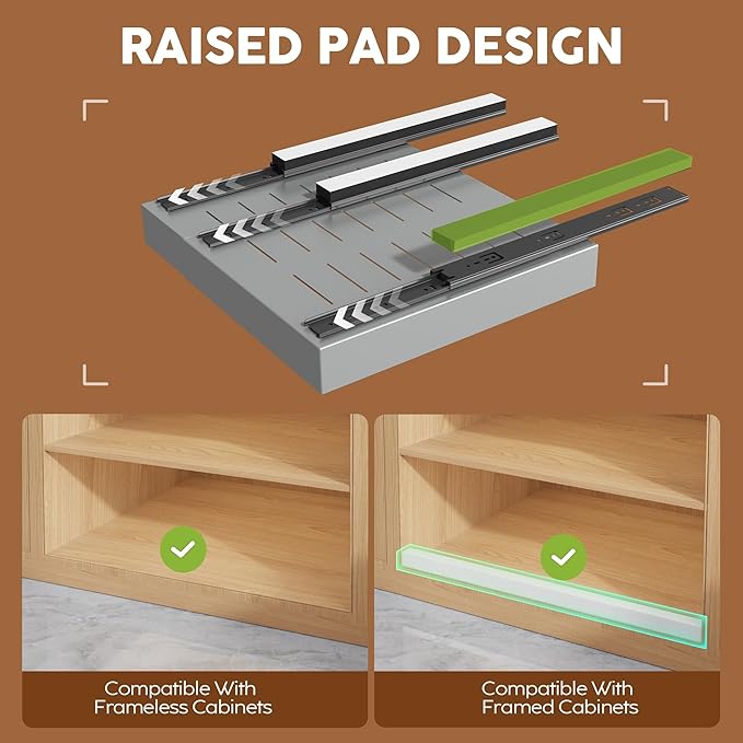 Seinloes 2Pack Expandable Pull Out Cabinet Organizer 21"Deep With Raising Pad for Framed Cabinets, Upgrade 3 Slide Rails Slide Out Drawers,Roll Out Shelves Adhesive,Adjustable Width 12.05"-20.4"Silver - Image 2