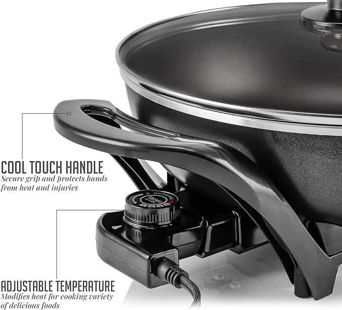 OVENTE Electric Wok with Nonstick Coating, 13 Inch Family-Sized Skillet, 1400W Power, Adjustable Temperature, Tempered Glass Lid, Cool Touch Handles and Easy to Clean Frying Surface, Black SK3113B - Image 5