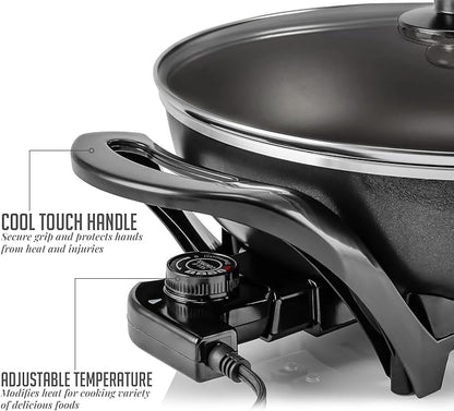 OVENTE Electric Wok with Nonstick Coating, 13 Inch Family-Sized Skillet, 1400W Power, Adjustable Temperature, Tempered Glass Lid, Cool Touch Handles and Easy to Clean Frying Surface, Black SK3113B - Image 5
