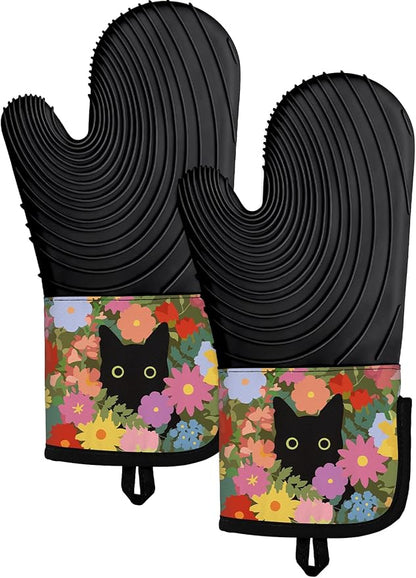 Slohif Long Silicone Oven Mitts Heat Resistant for Women - 2 Pcs Black Cat 100% Cotton Oven Gloves, Non-Slip and Waterproof Silicone Oven Mitts with Hanger for Baking and Cooking