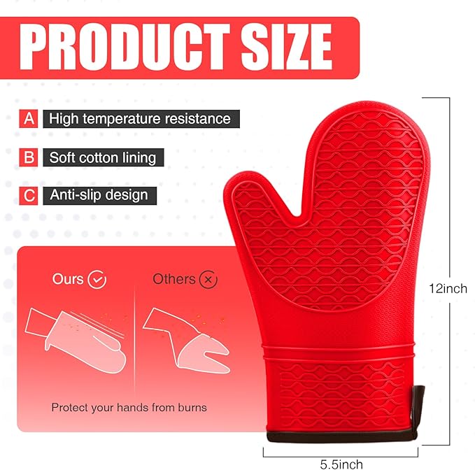 Silicone Oven Mitts, Heat Resistant 2PCS Oven Mitts with Soft Cotton Lining, Waterproof Non-Slip Grip Oven Glove, Kitchen Potholder Mits for BBQ, Baking, Cooking, 12.5 Inch - Red - Image 2