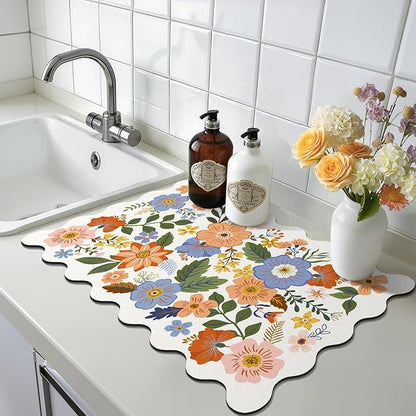 LOKHOM Scalloped Floral Dish Drying Mat, 12"x20" Super Absorbent Coffee Mat with Unique Spring Wildflowers, Cuttable Hide Stain Non-slip Drying Mat for Kitchen Counter Coffee Maker Espresso Machine - Image 9