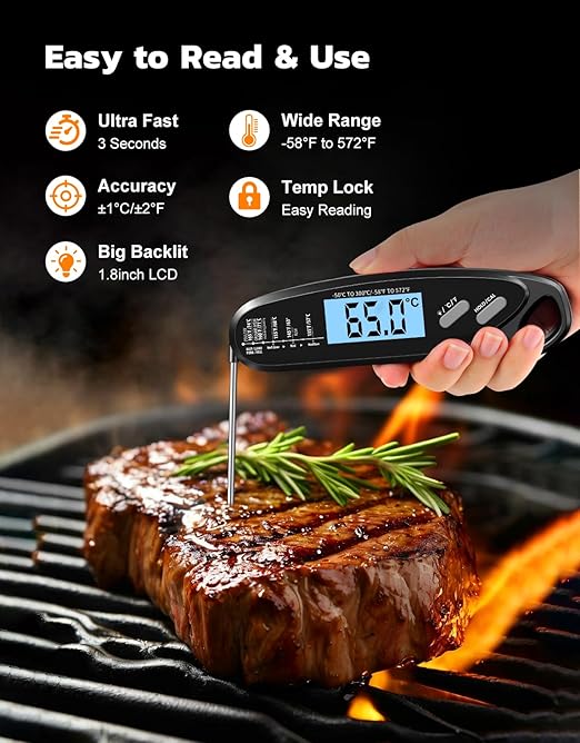 Instant Read Meat Thermometer Digital with Dual Probe, Food Thermometer for Cooking & Grilling, Large Backlit & Calibration, Grill Thermometer for Outside/Kitchen/Oven//Smoker/BBQ/Baking, Black - Image 3