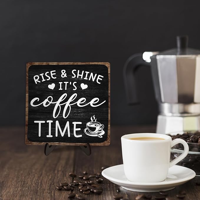 Farmhouse Coffee Wooden Plaque Sign, Vintage Desk Decor for Home or Office Coffee Station,Cafe Bar Sign - Rise & Shine It's Kitchen Wooden Sign 5.9x5.9In (Black2) - Image 5