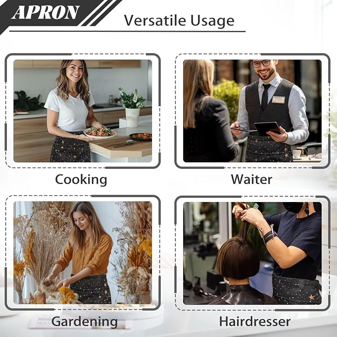 Server Apron with 3 Pockets, Waterproof Oil Waitress Waiter Half Apron for Restaurant Hotel Kitchen Cafe
