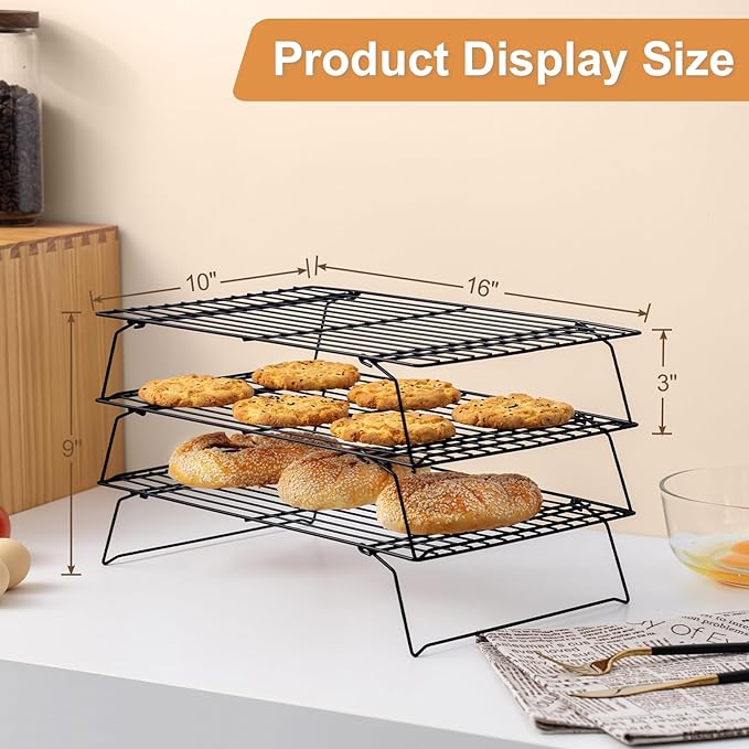 Cooling Rack for Baking 3 Tiers, 16" x 10" Cookie Cooling Wire Rack Stackable Collapsible Nonstick, Stainless Steel Baking Cooking Cooling Racks with Optimum Air Flow, Black - Image 2