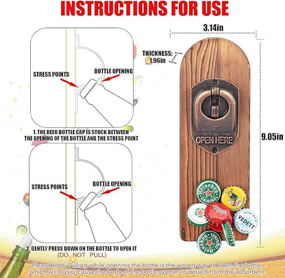 Beer Bottle Opener Wall Mounted with Magnetic Cap Catcher, Wooden Magnetic Bottle Opener for Fridge, Vintage Beer Gifts for Men, Man Cave Decor, Gifts for Men and Beer Lovers (Style 1)