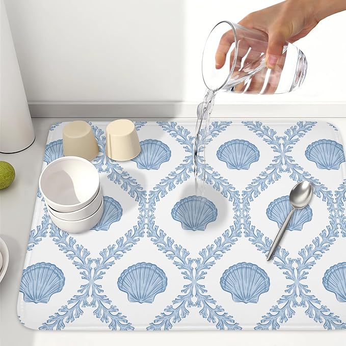 Summer Sea Shell Drying Mat 24x18 Inch, Light Blue Drying Mat with Absorbent Reversible Microfiber, Coastal Dish Drainer Mats Holiday Ocean Rack Pad for Coffee Countertop Kitchen Protector