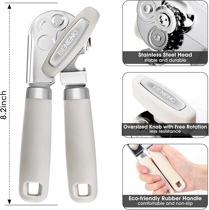Beneno Heavy Duty Hand Can Opener Manual with Magnet, Durable Sharp Carbon Steel Blade Smooth Cutting, Big Effort-Saving Knob & Soft Grip Handle, Multifunctional Kitchen Tool with Bottle Opener, Beige - Image 2
