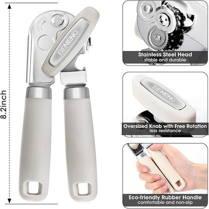 Beneno Heavy Duty Hand Can Opener Manual with Magnet, Durable Sharp Carbon Steel Blade Smooth Cutting, Big Effort-Saving Knob & Soft Grip Handle, Multifunctional Kitchen Tool with Bottle Opener, Beige - Image 2