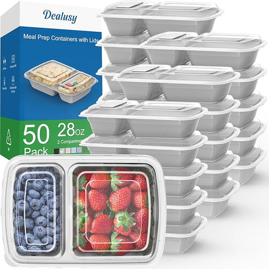 Dealusy 50 Pack (100-Piece) 28 oz Meal Prep Containers Reusable with Lids 2-Compartment, Sturdy Leakproof Food Safe, Microwave Freezer Dishwasher Safe, To Go Take Out Plastic Food Storage, Silver