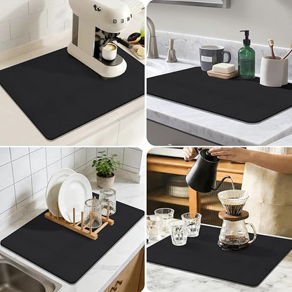 Coffee Mat,Absorbent Dish Drying Mat for Kitchen Counter,Coffee Bar Mat,Non-Slip Rubber Backed,Hide Stains & Quick Dry,for Espresso Machine,Coffee Station,Cups & Sink,16" x 24"(Black)