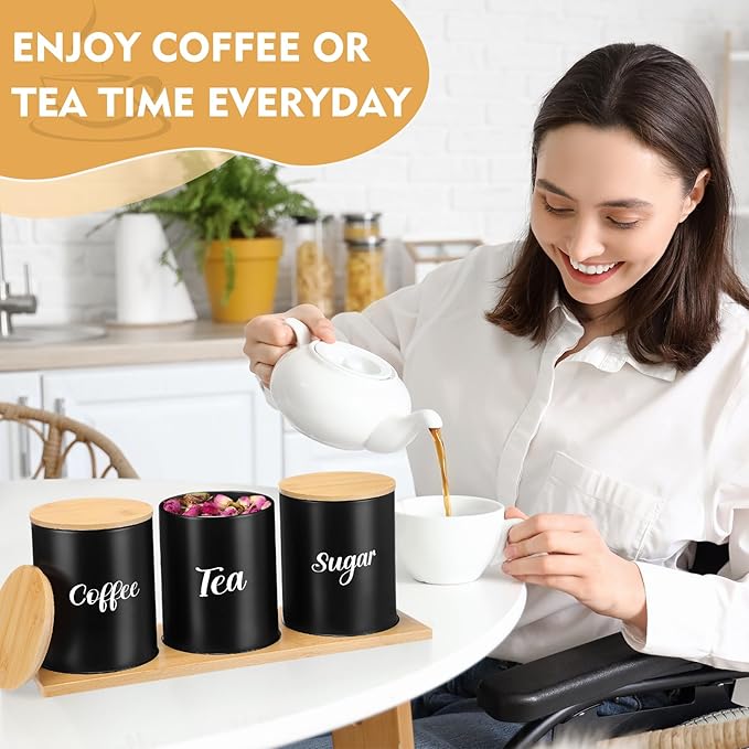 Reallnaive Coffee Tea Sugar Container Set with Tray, Set of 3 Airtight Metal Canister with Bamboo Lids, Farmhouse Kitchen Counter Organizer for Coffee Bar and Drink Station (Black)