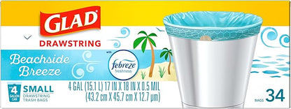 Glad Odorshield Small Drawstring Trash Bags, 4 Gal, Febreze Beachside Breeze, 34 Ct, Pack May Vary (Pack of 2)