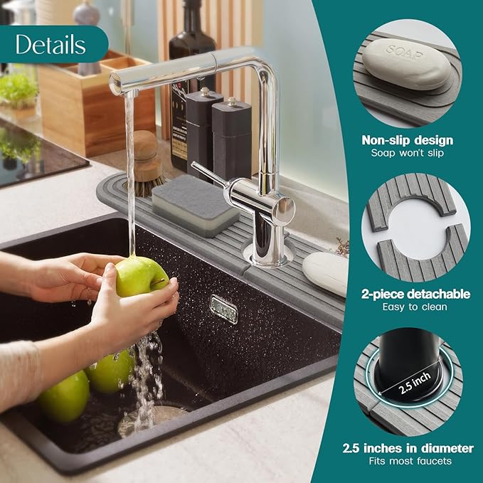 eormoe Faucet Mat for Kitchen Sink - Diatomaceous Earth Faucet Splash Guard, Fast Drying Sink Protector - Water Absorbing Stone for Bathroom Sink (Grey, 19.5'' x 3.9'') - Image 8