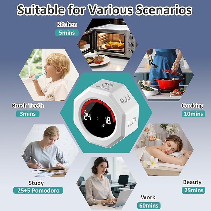 Rechargeable Pomodoro Timer, Magnetic Kitchen Timer for Cooking, 8-Angle Auto-Rotating Screen with Gravity Sensor, 3/5/10/25/30/60min & Custom Countdown for ADHD, Office, Study, Kitchen & Kids