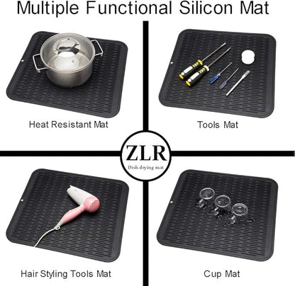 ZLR 2 Pcs Large Silicone Dish Drying Mat (16" x 18") - XL Heavy Duty Drainboard Mat for Pots, Pans & Family Loads - Heat Resistant Trivet & Counter Protector, Easy Clean (Black) - Image 5
